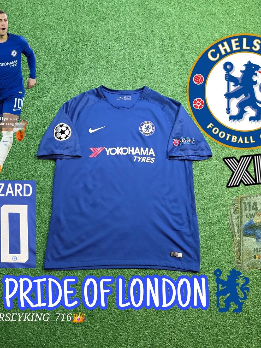 Nike Chelsea FC Eden Hazard #10 2017/2018 Home Blue Jersey UCL Patches XL